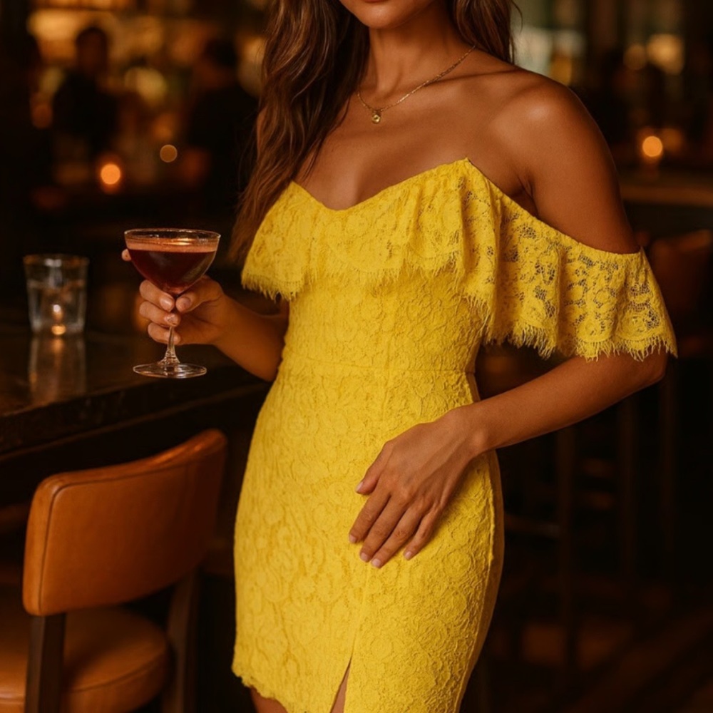 Elegant Yellow Off-Shoulder Lace Dress